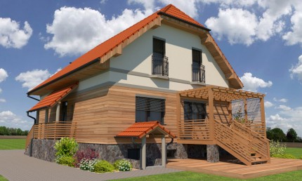 Fasáda rodinného domu s dreveným obkladom a pergolou /Vrakúň
