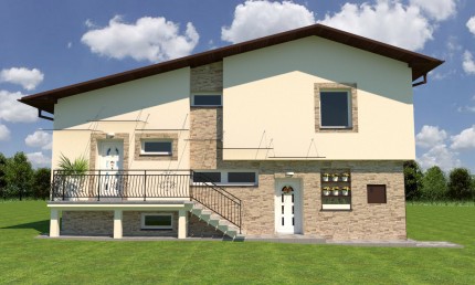 Návrh svetlej fasády domu s béžovo hnedým obkladom / Belá