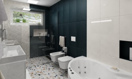 Návrh modernej kúpeľne s 3D obkladom / Diaková
