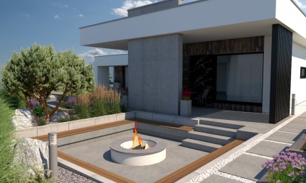 Moderná oddychová záhrada s bazénom a zapusteným ohniskom / Uhorská Ves